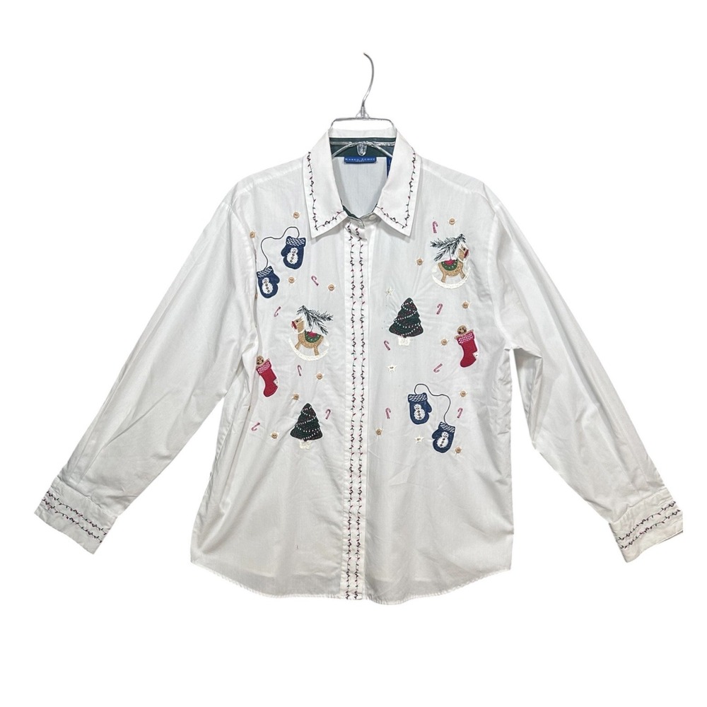 Karen Scott Christmas Shirt Large White Embroidered Cottagecore VTG FLAW